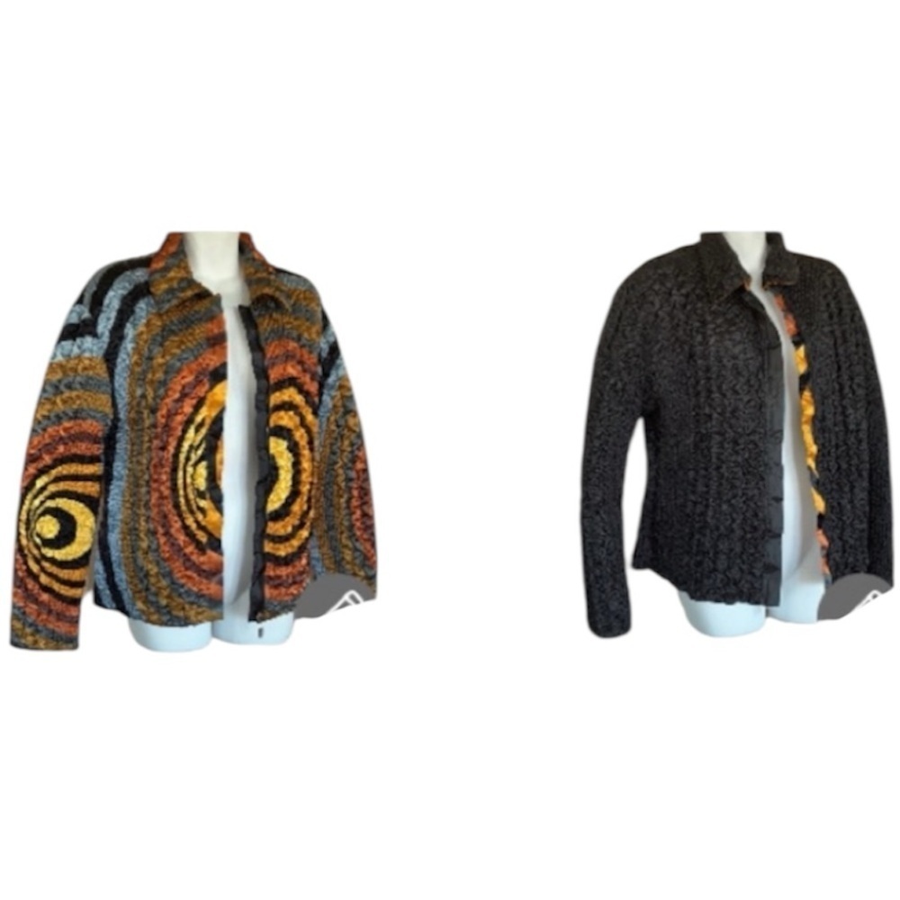 UBU Reversible jacket, Women's XL, black reverses to Multicolor Pattern zip. EUC